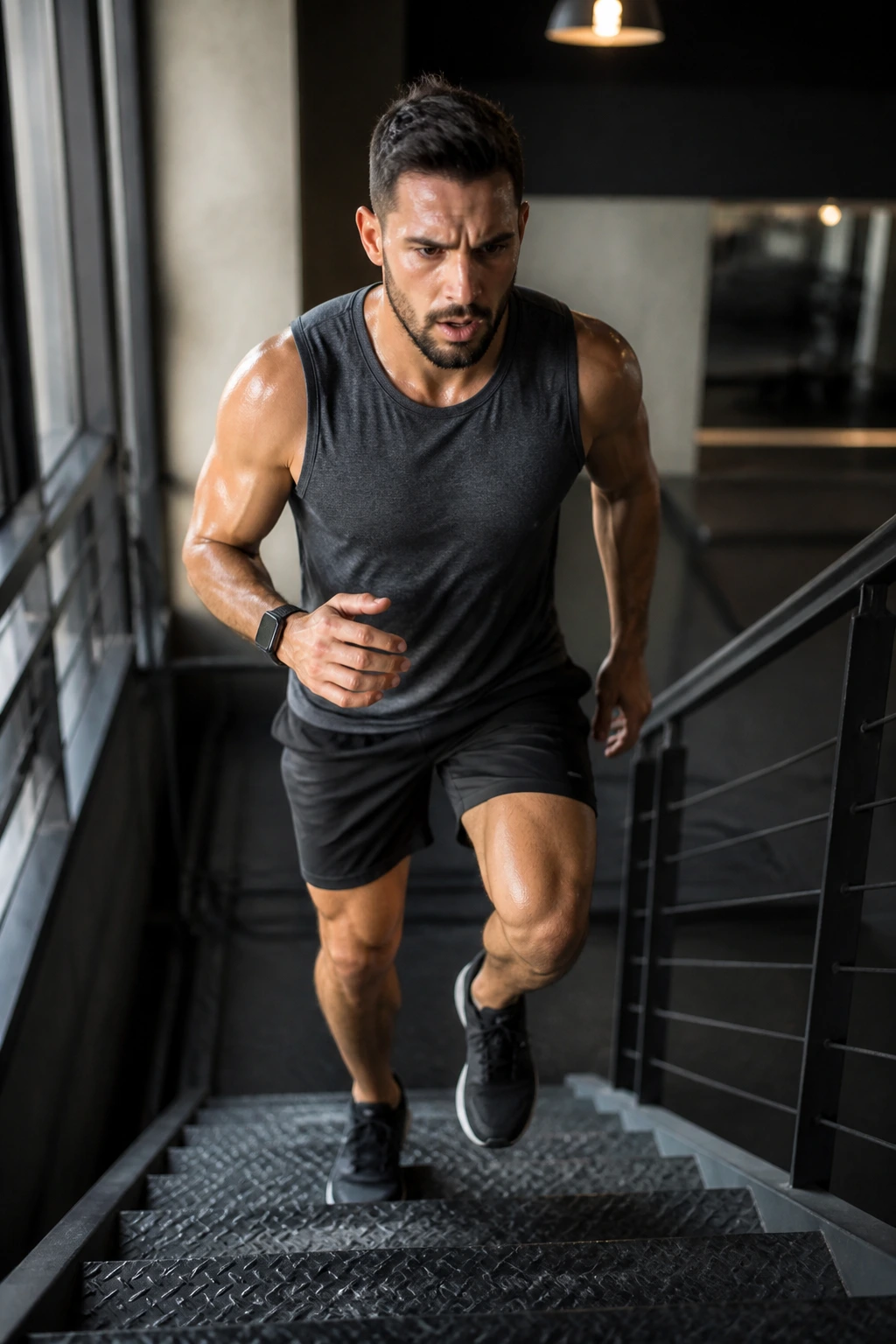 Athlete climbing stairs in a gym during EMOM-style repeats.