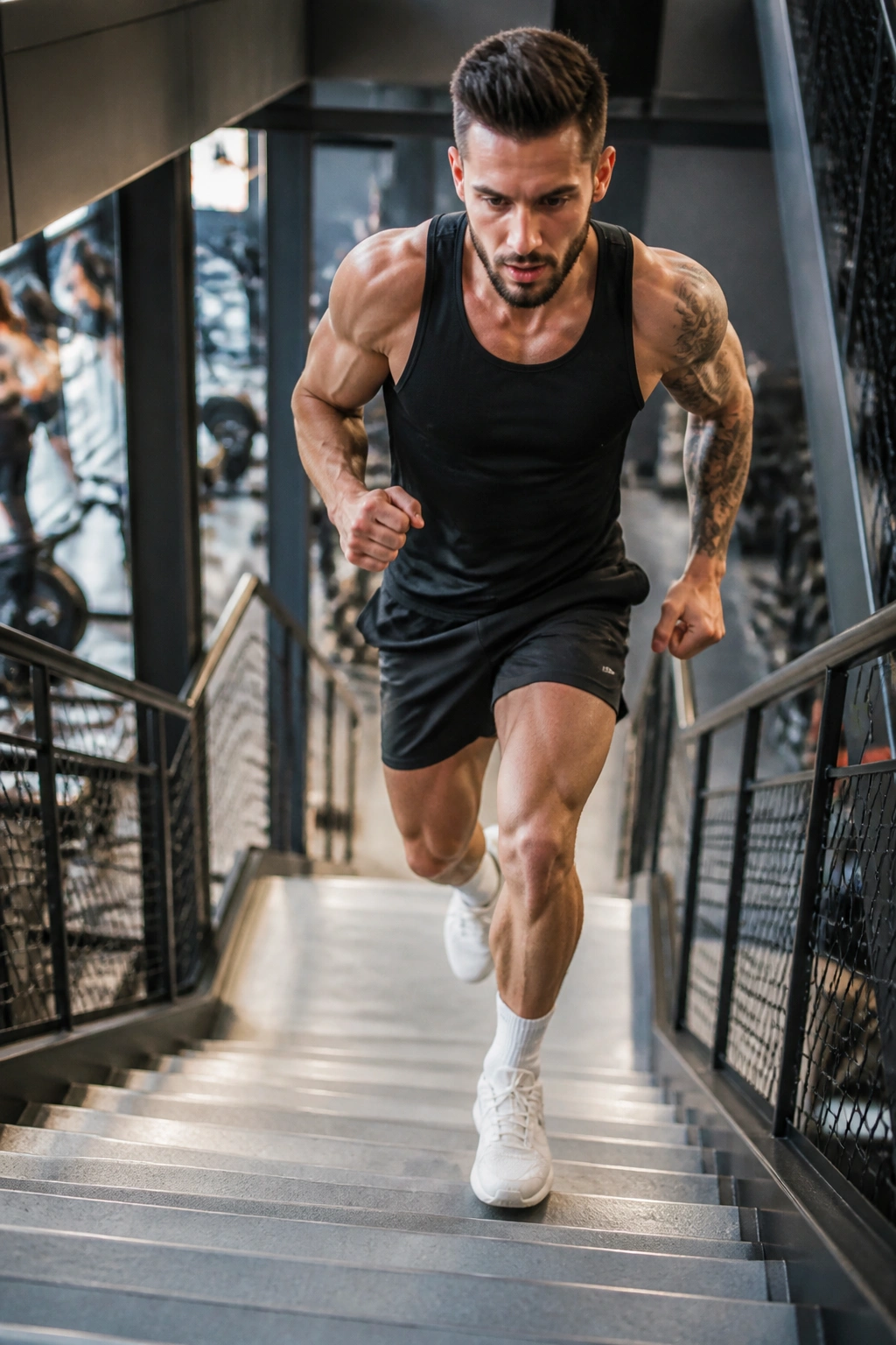 Athlete performing stair-based interval repetitions in a gym setting