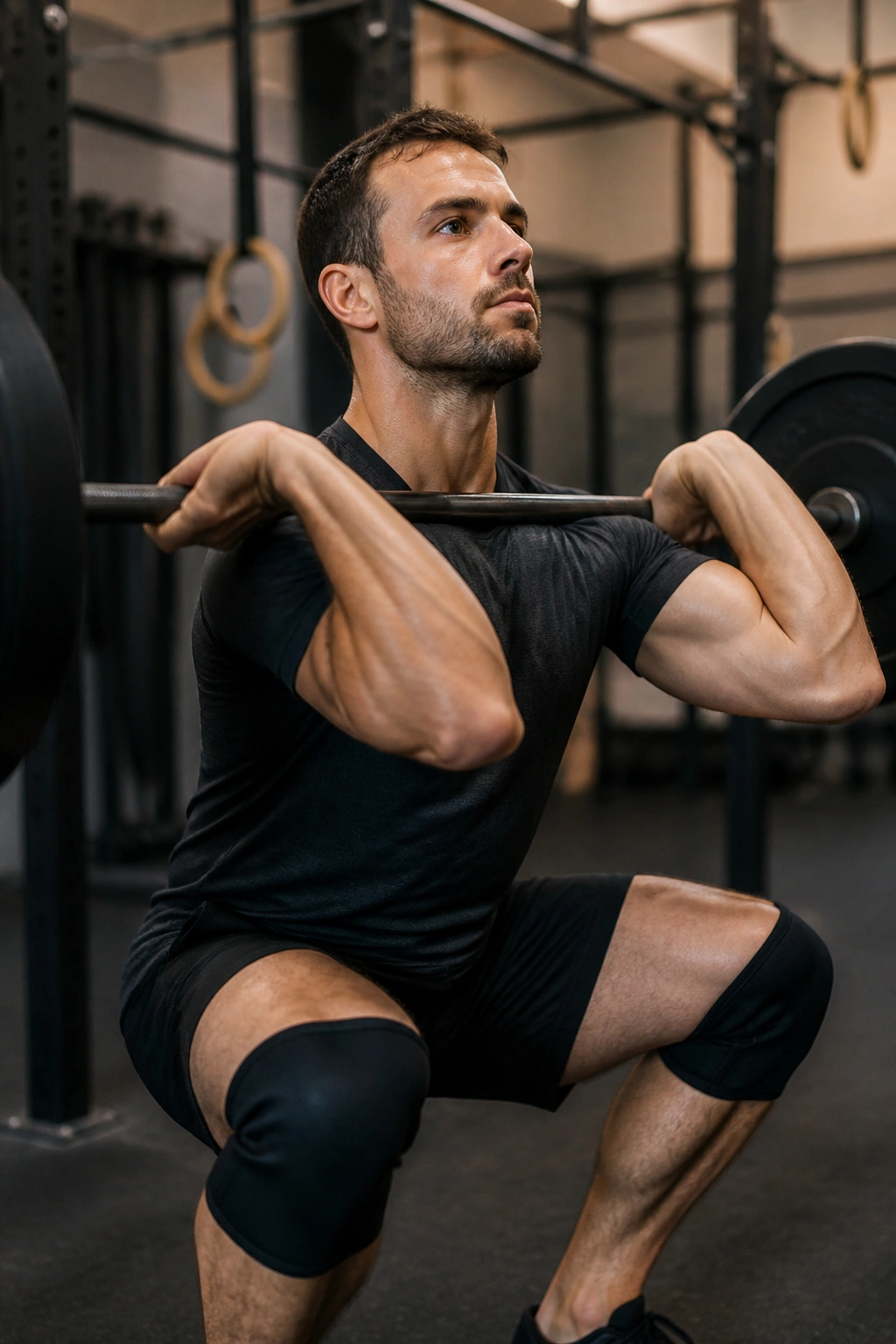 Weightlifter performing front squat in a gym during a focused EMOM-style session