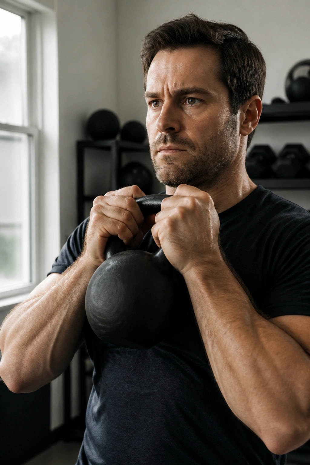 Person performing an upper body/ lower body strength move in a home gym