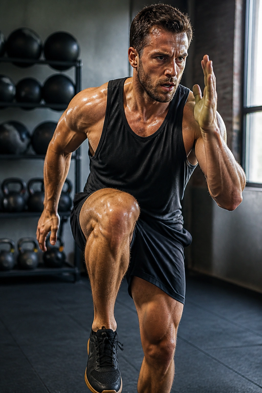 Real person performing an EMOM-style high-intensity circuit in a gym