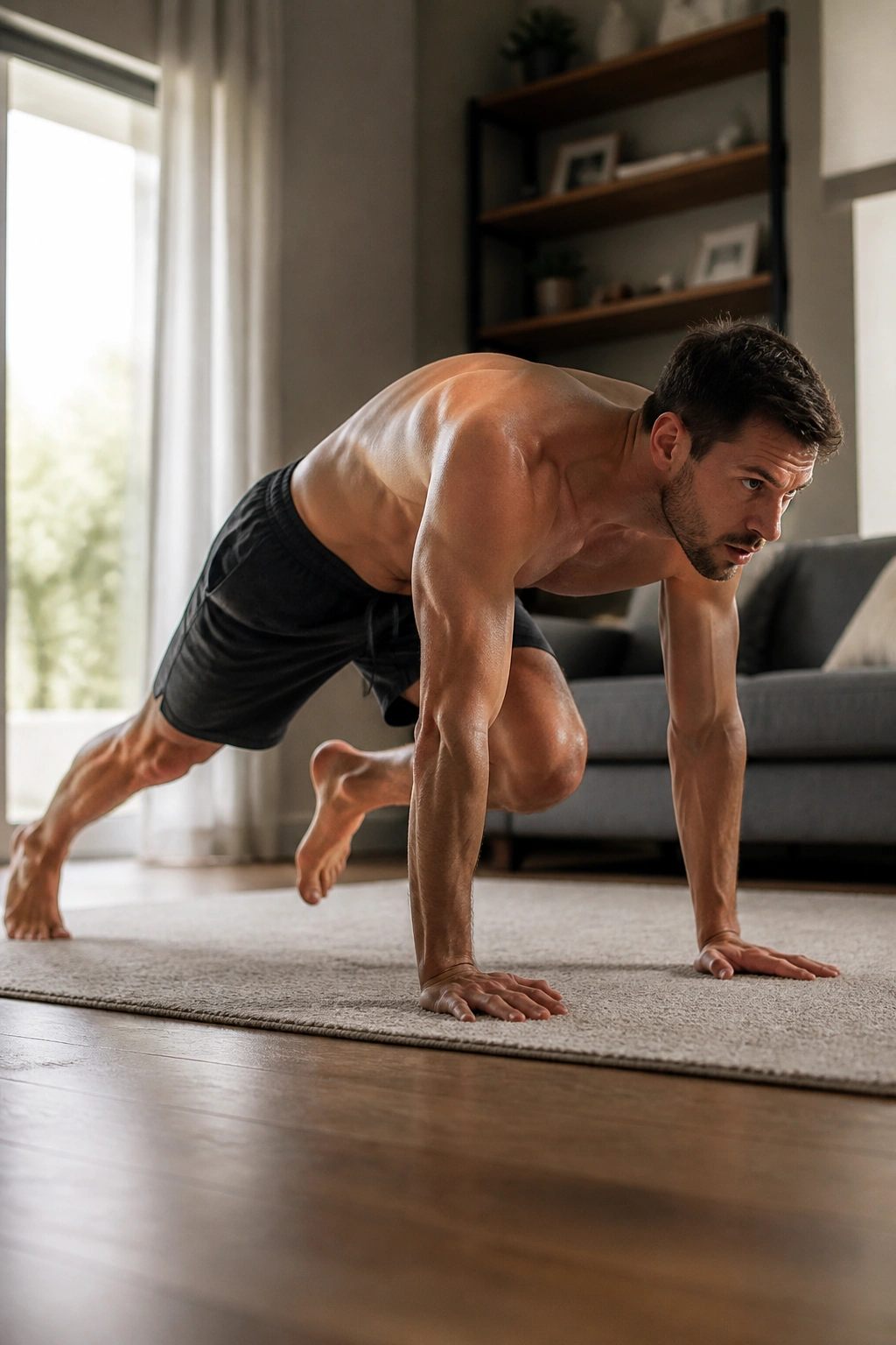Person performing mountain climbers in a small living space