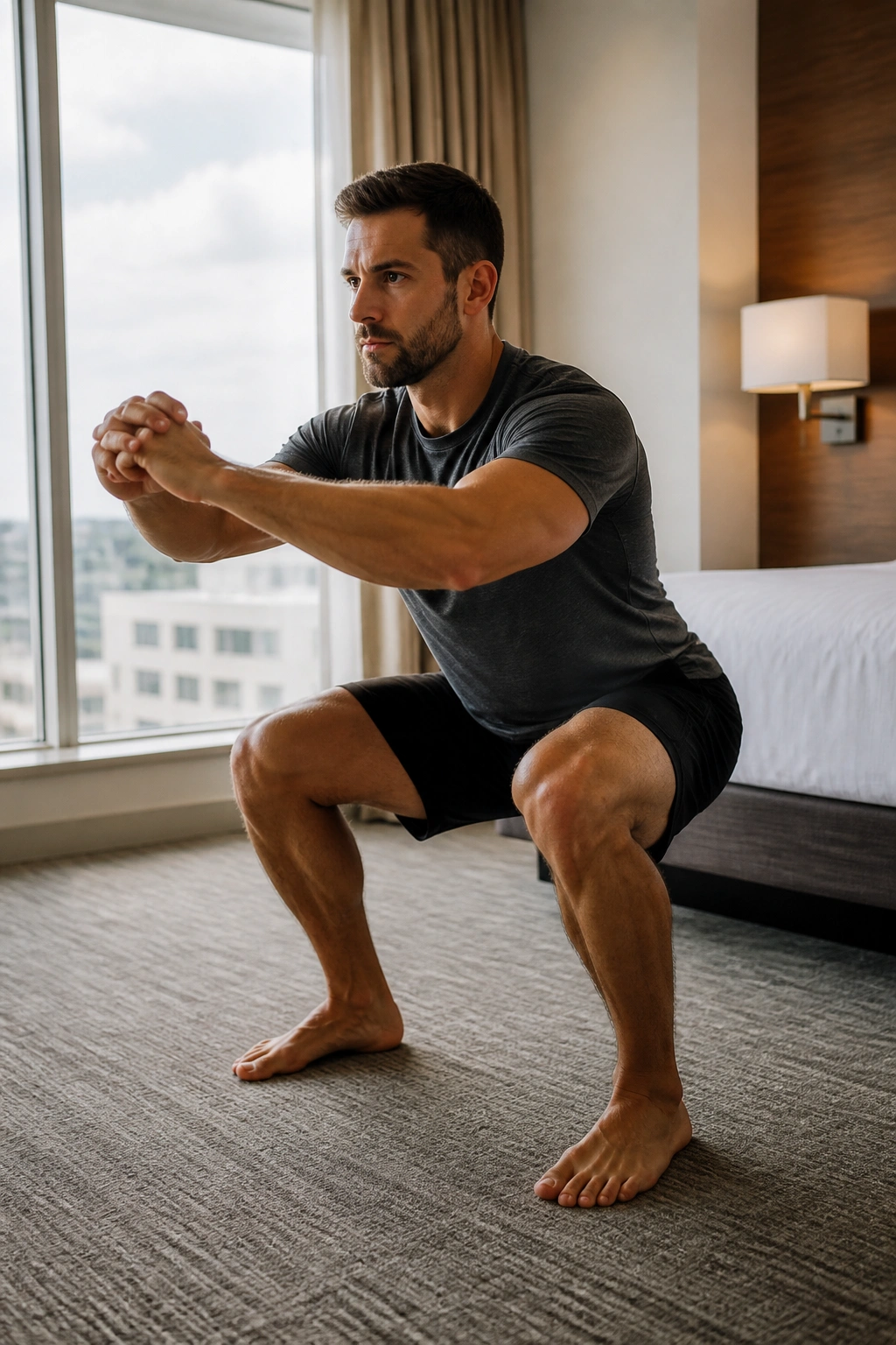 Person performing EMOM workout in a small hotel room