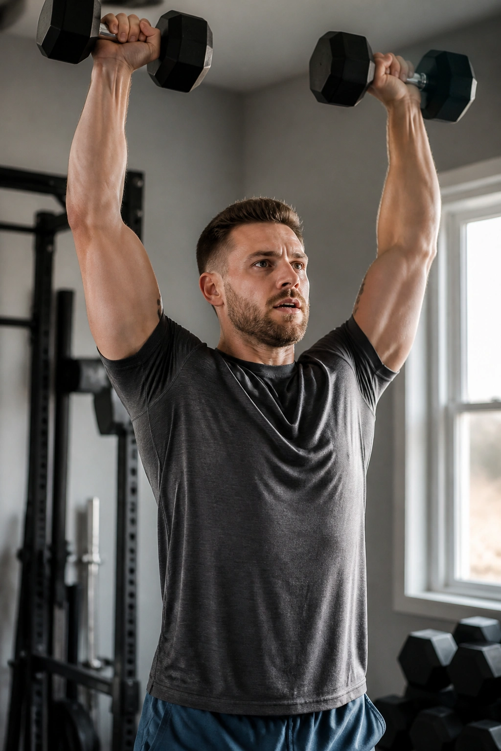 Person performing dumbbell push press in a home gym during EMOM