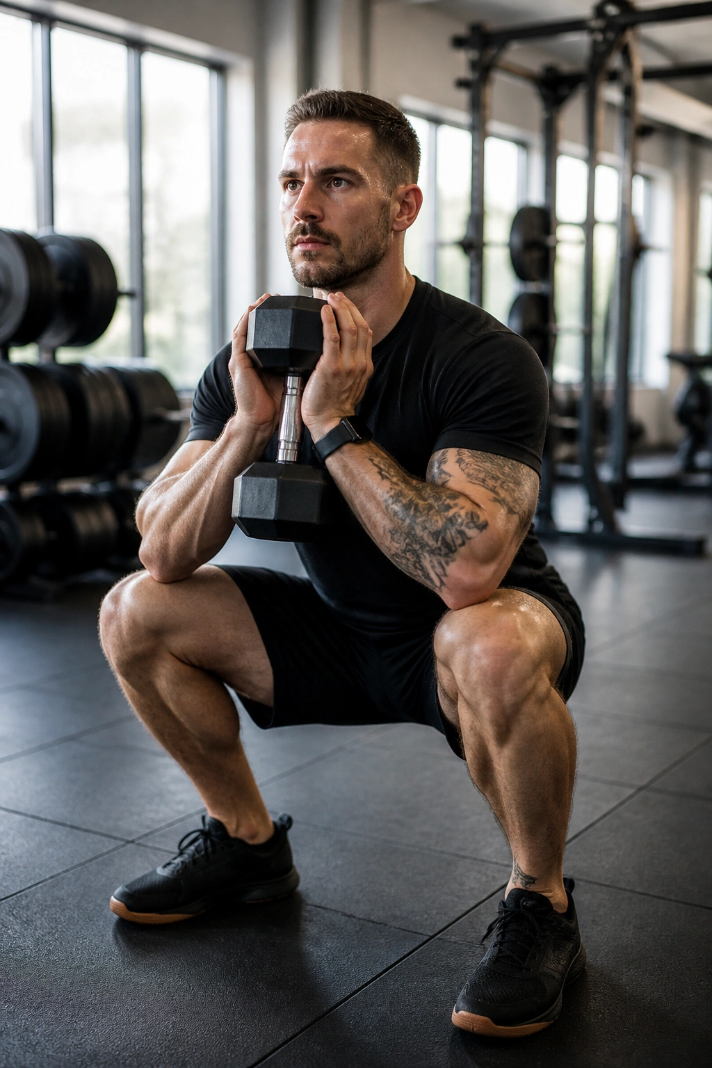 Close-up of a person performing a goblet squat in an EMOM-style workout