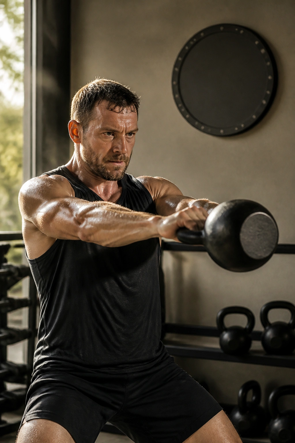 Close up of a fit athlete performing EMOM with timer in gym corner