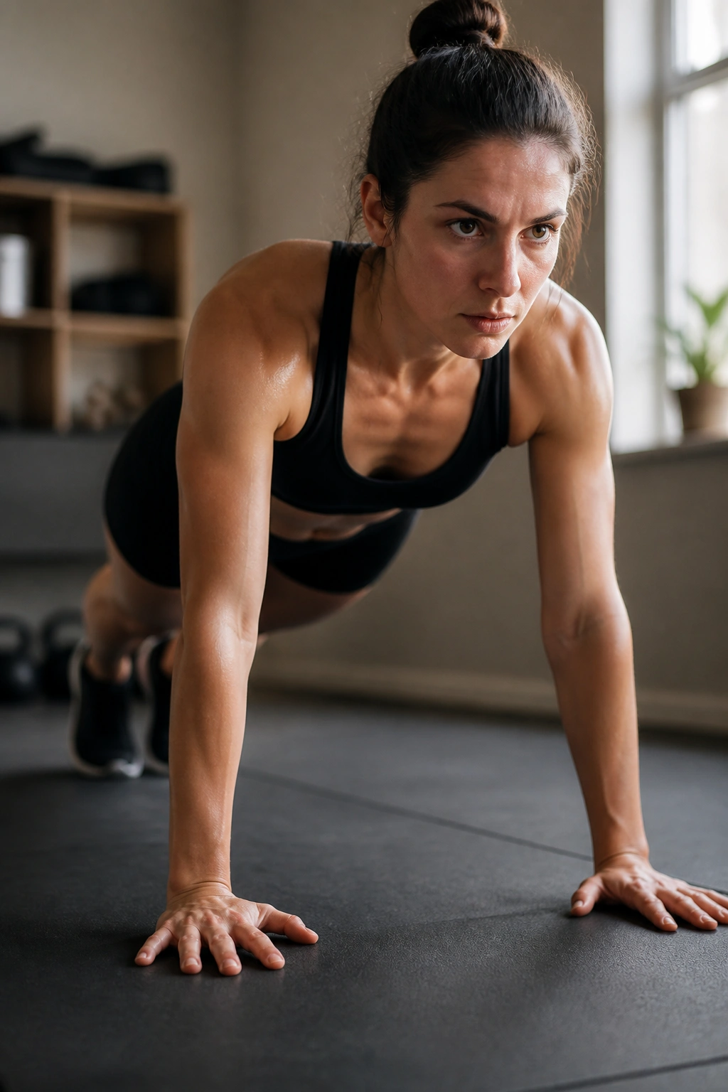 Person performing a precise EMOM-style workout in a home gym