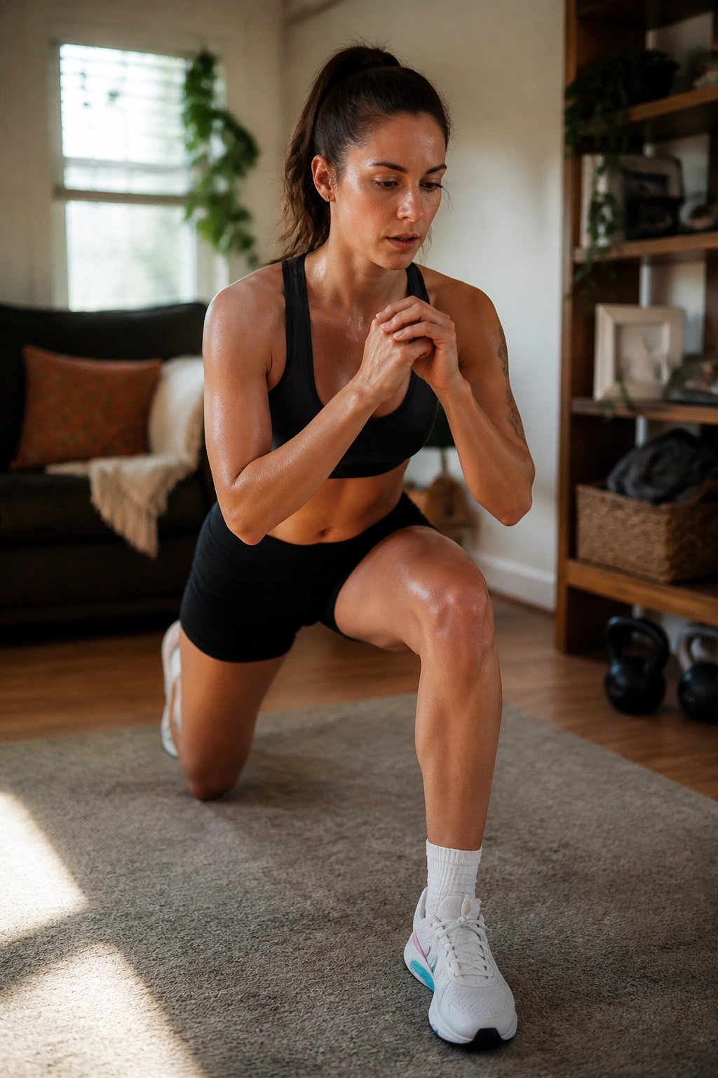 Person performing EMOM-style bodyweight moves at home