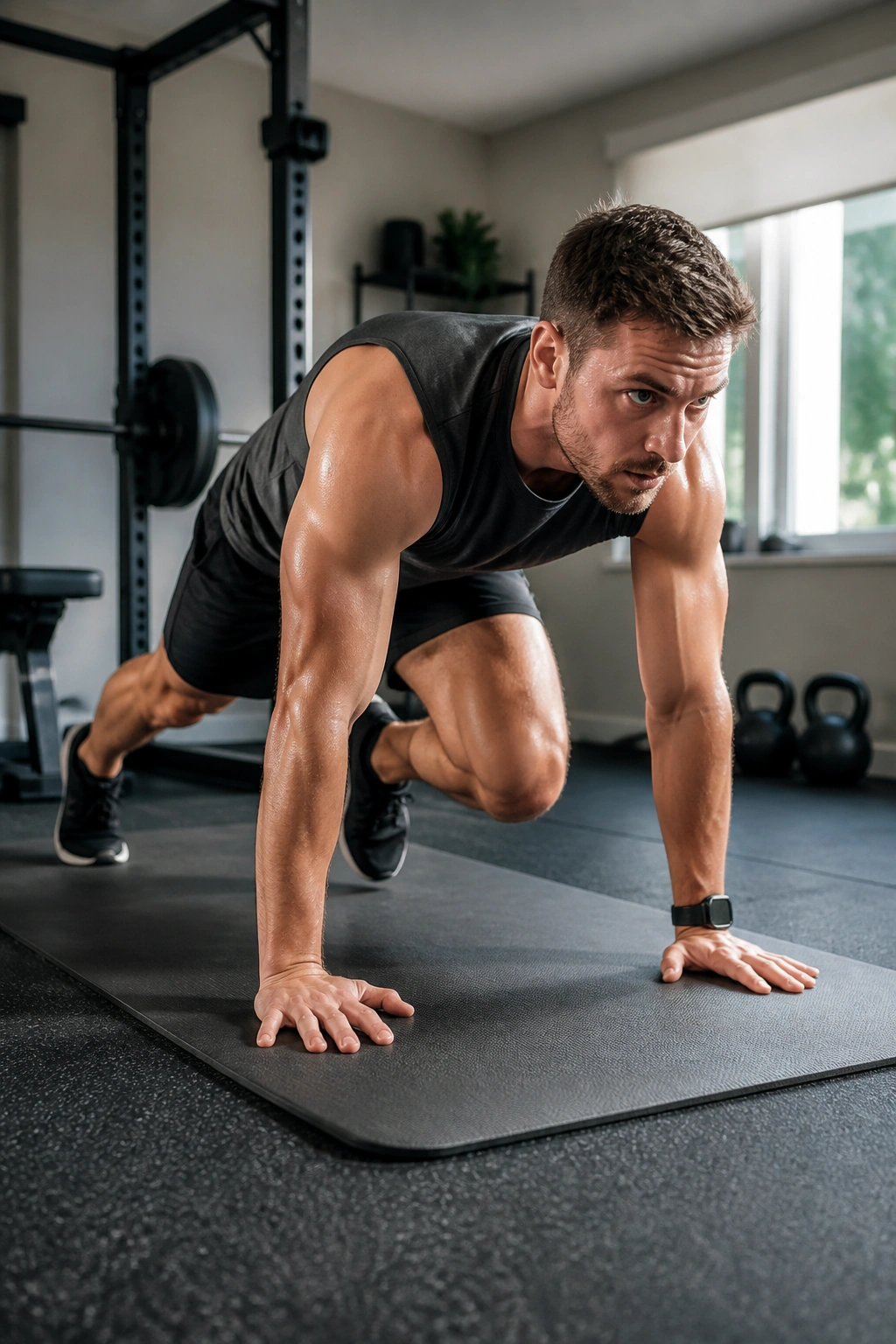 Person performing mountain climbers on a mat in a home gym