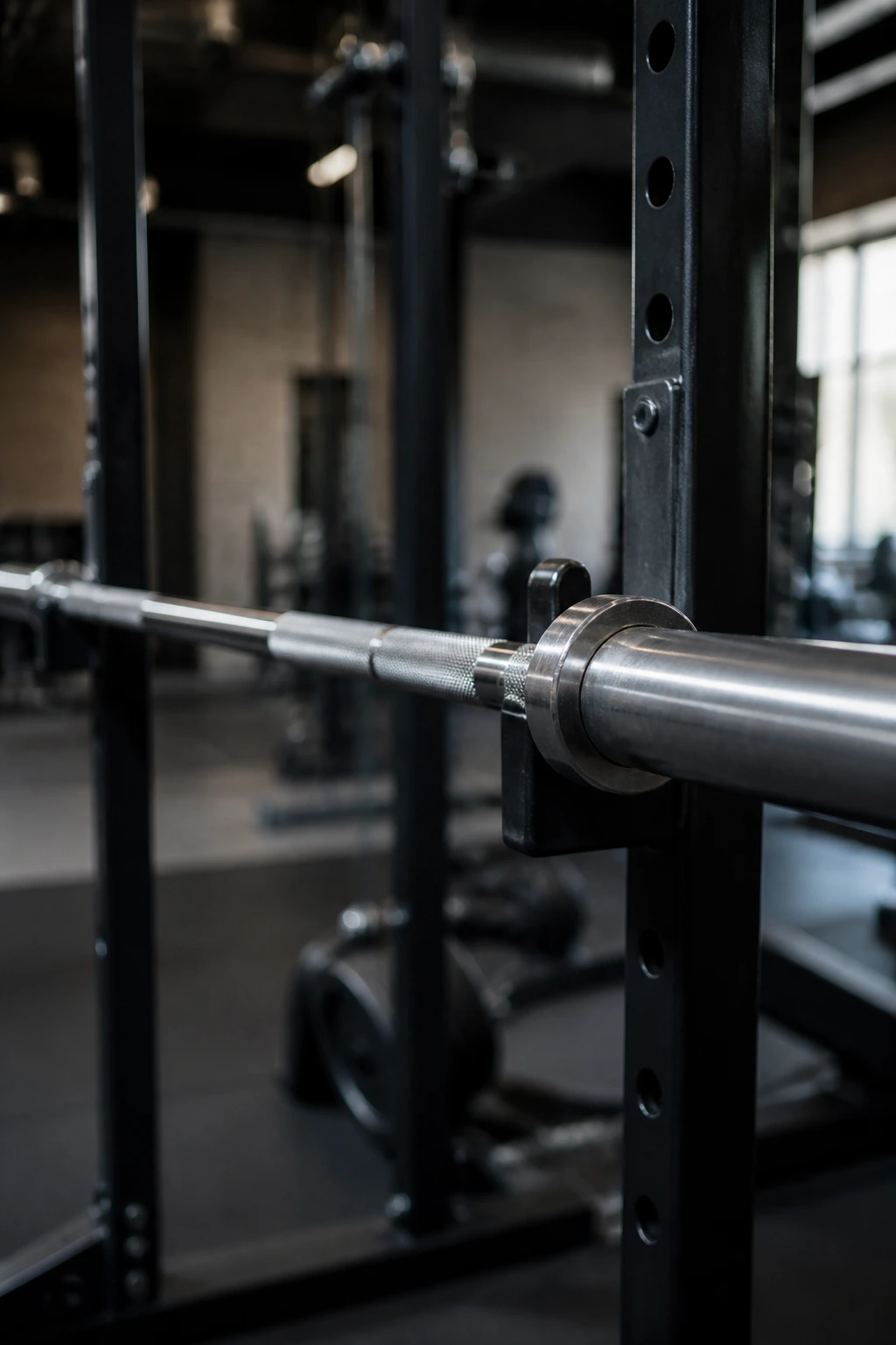 Close-up of an empty barbell on a rack in a gym