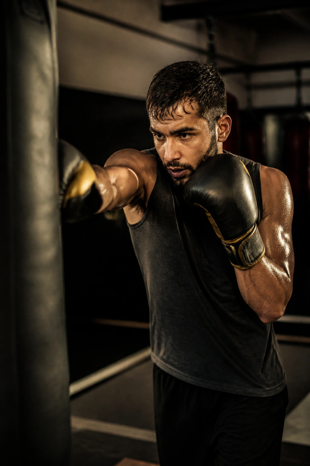 Boxer performing endurance round with light punches in gym