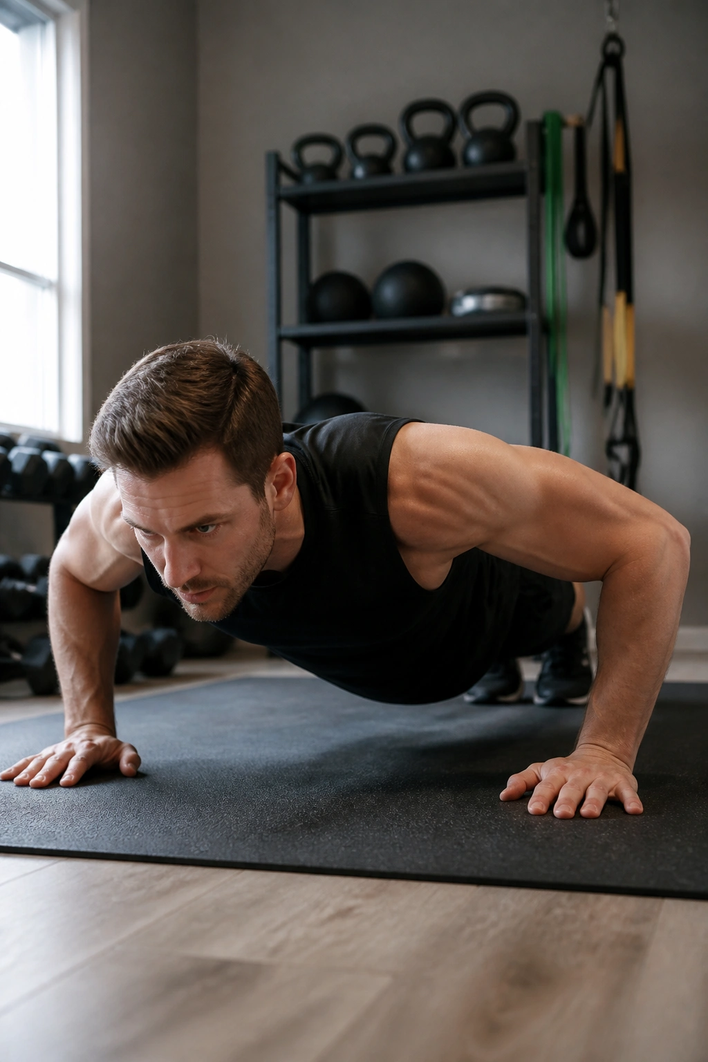 Person performing push-ups during upper body endurance circuit