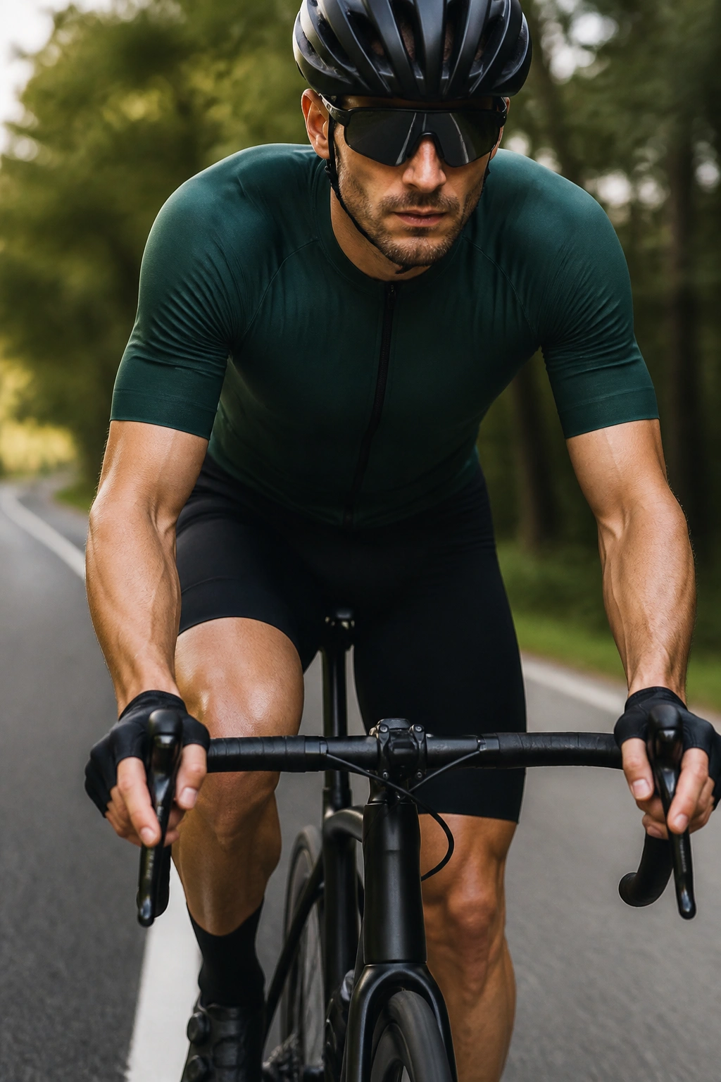 Cyclist on outdoor road bike with braced core