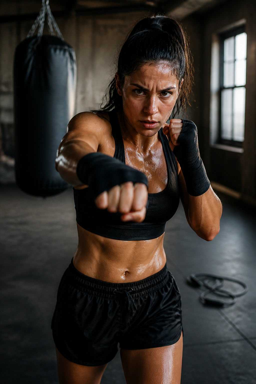 Athlete performing continuous kickboxing sequence in an endurance workout.