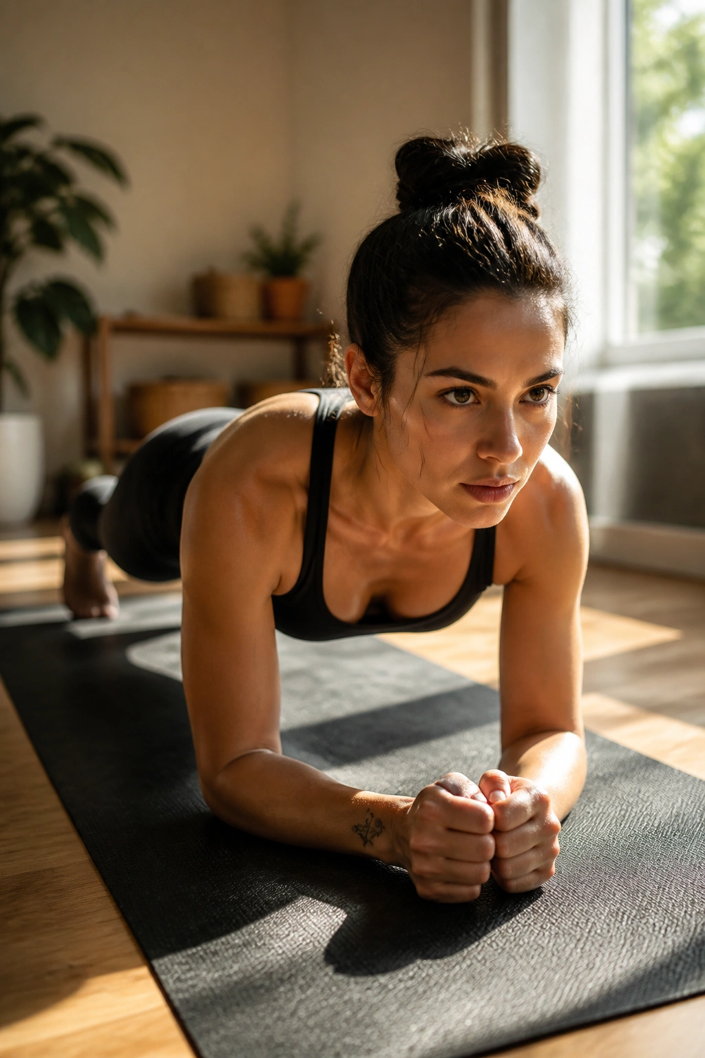 Medium close-up of a real person performing a long Pilates pose on a mat in a cozy home studio.