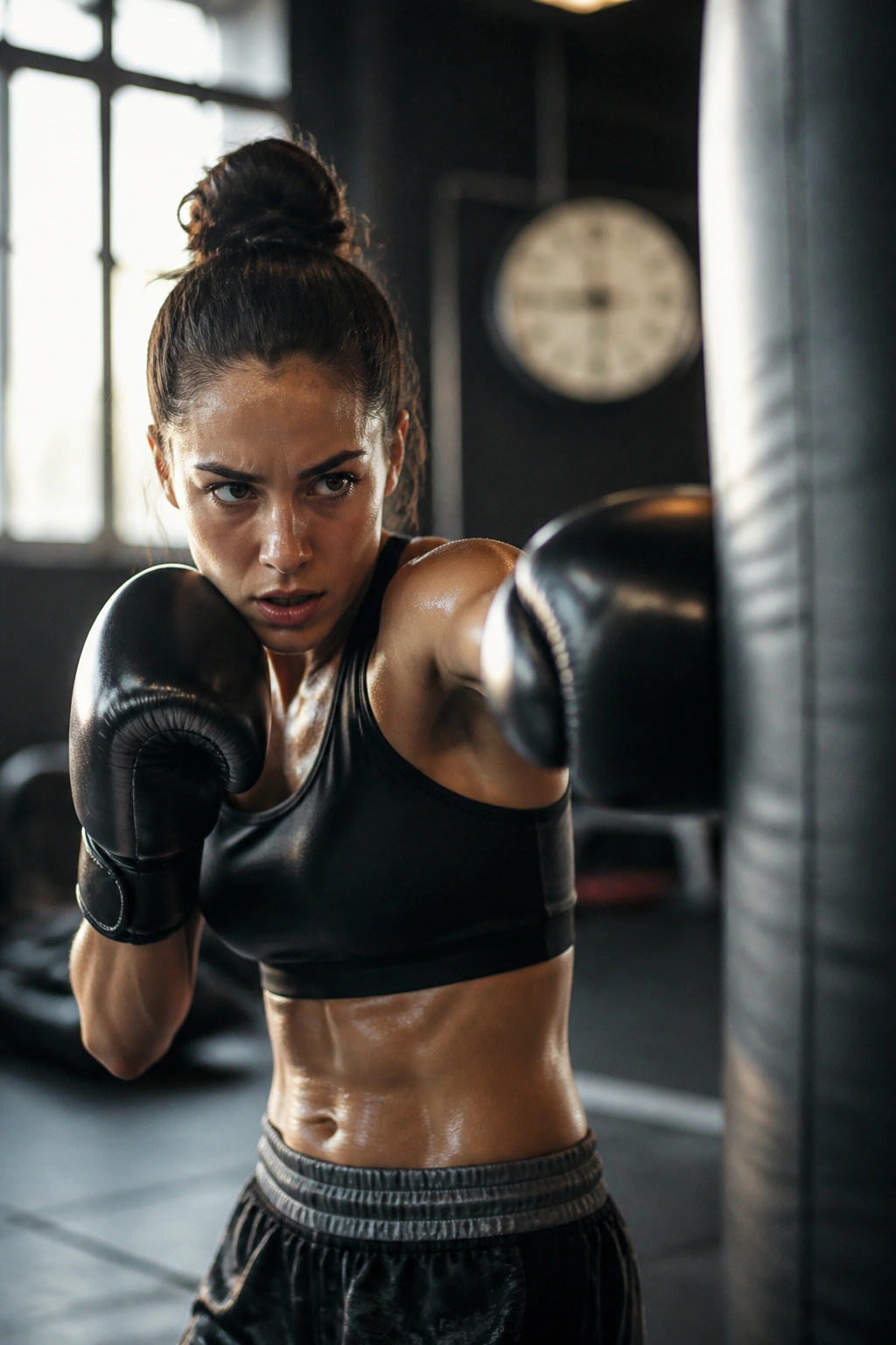 Fighter in continuous punching drill showing endurance in a gym setting.