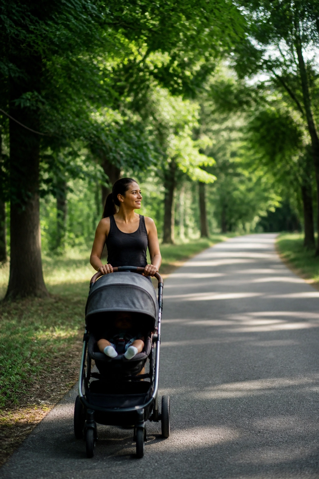 Mom on a long shaded park path with stroller, endurance walk vibe
