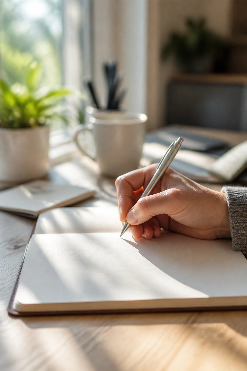 Hand holding a pen over a blank notebook page in a sunny home office