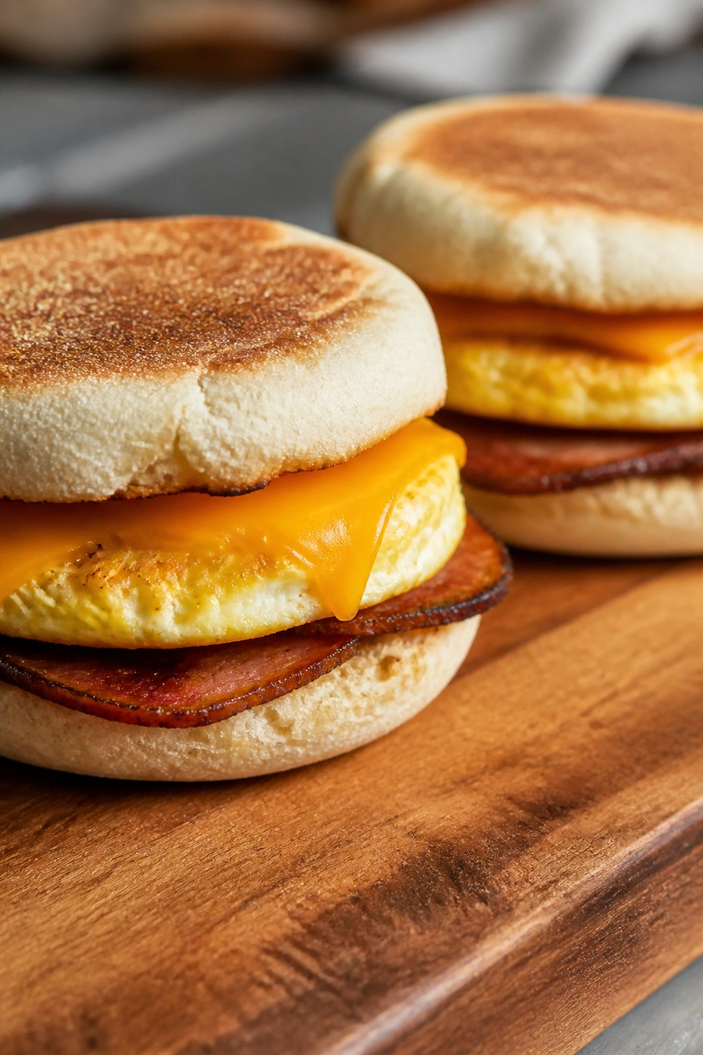 Cross-section of English muffin sandwiches showing egg, cheese, and meat.