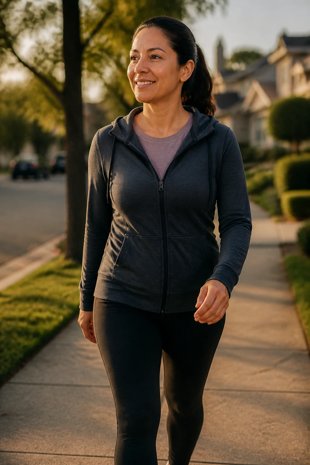 Real person walking after dinner on a suburban street at golden hour in athletic wear.