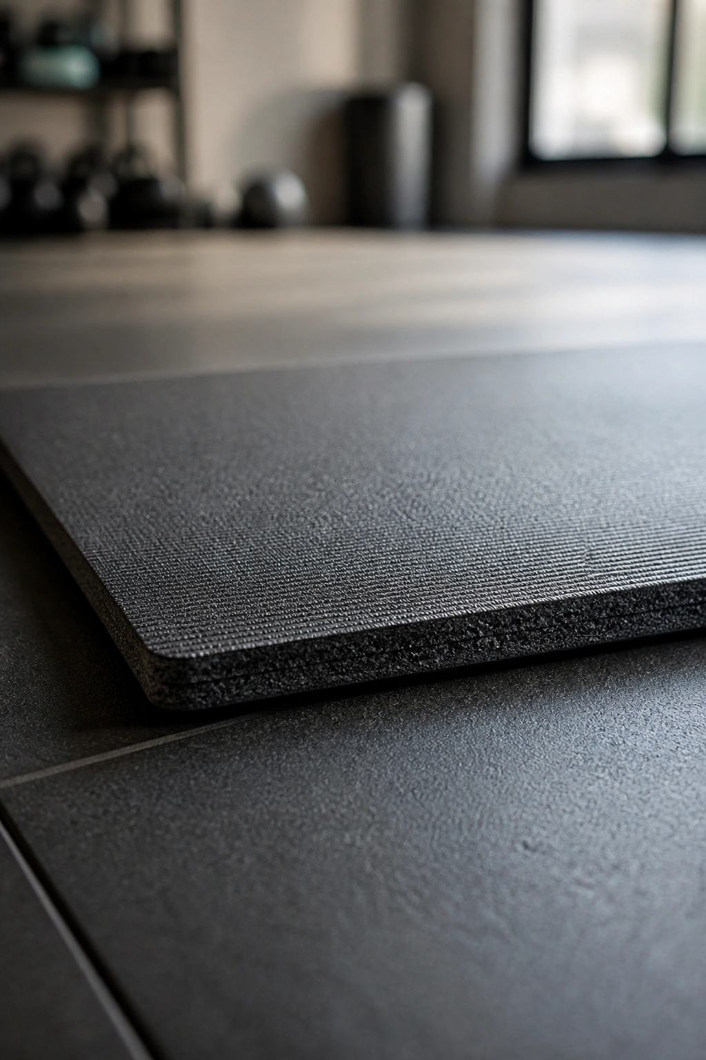 Close-up of a thick exercise mat on gym floor