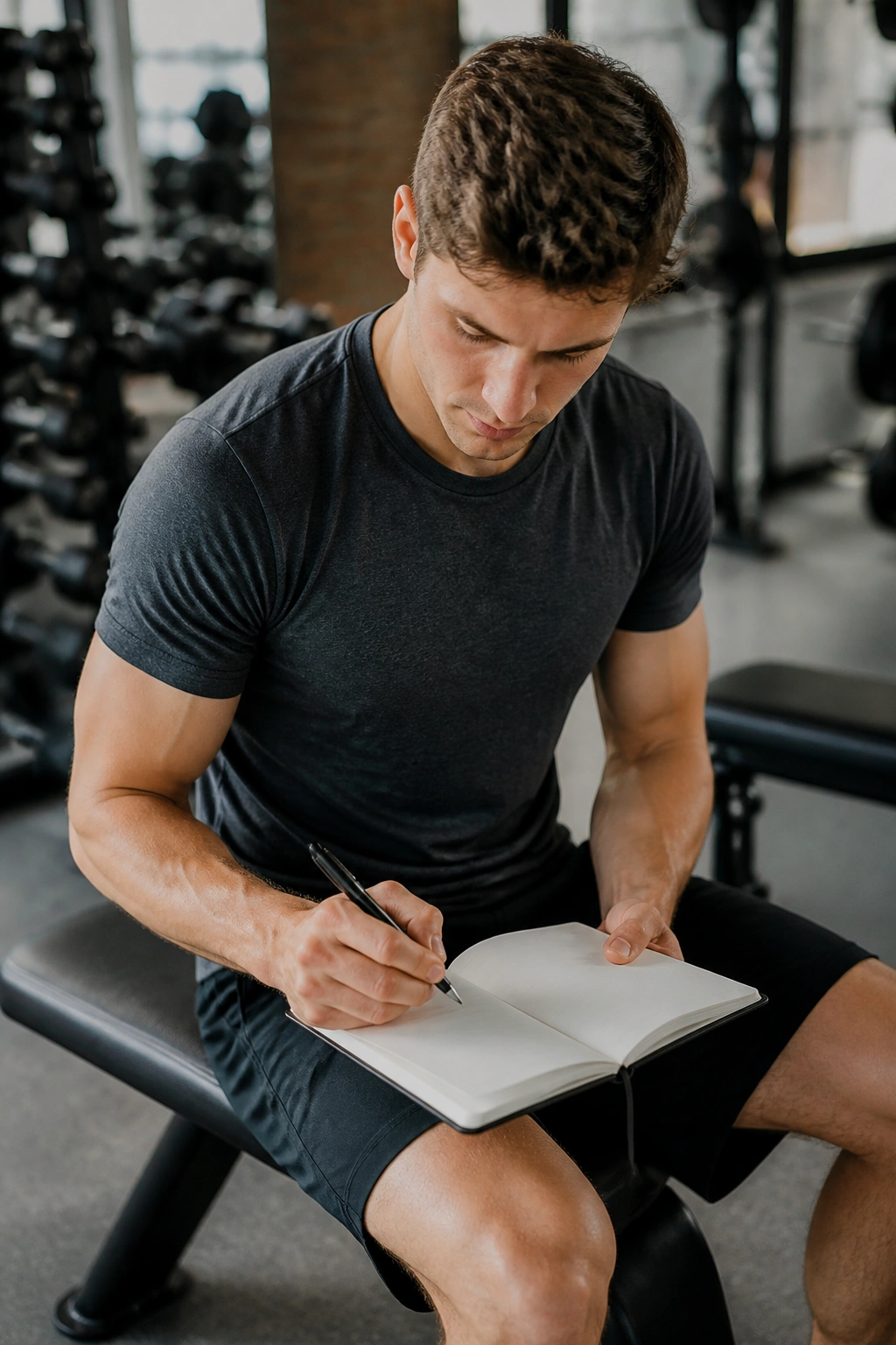 Person recording workout details in a blank notebook at gym