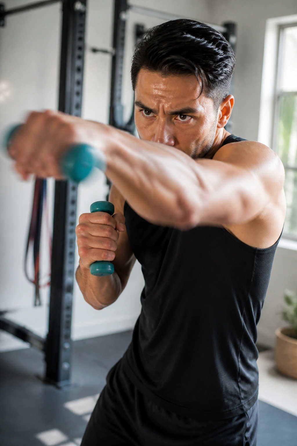 Real person performing explosive power punches with light weights in home gym