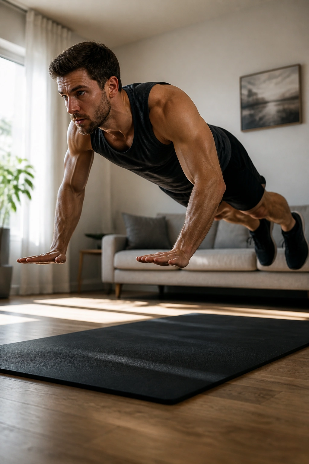 Explosive push-up mid-air moment with hands leaving the floor
