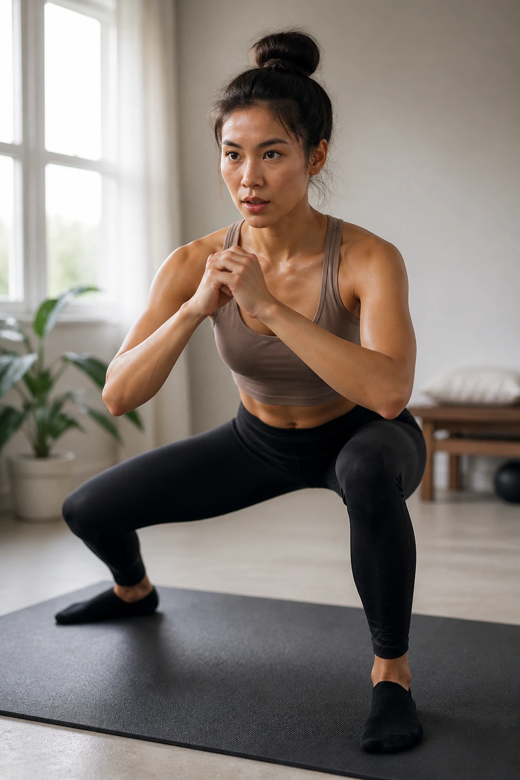 Person performing fast-paced barre-inspired squat-lunge sequence