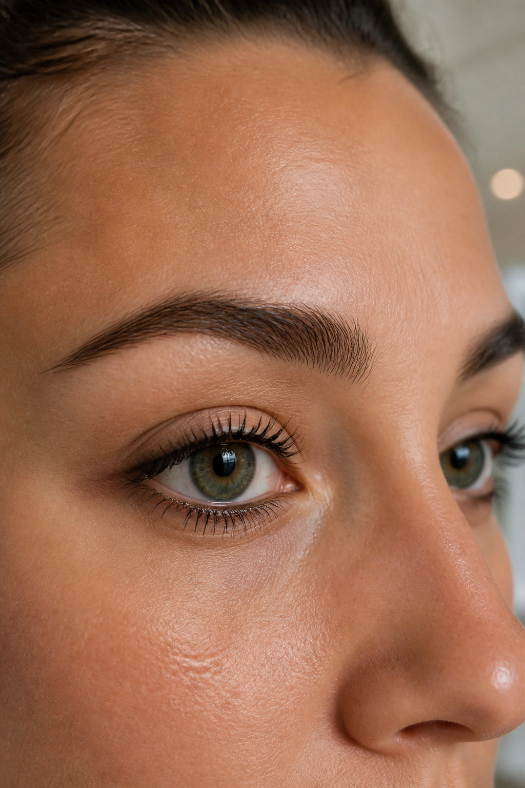 Close-up of a real person's eyes with smudge-resistant makeup in a gym bathroom setting