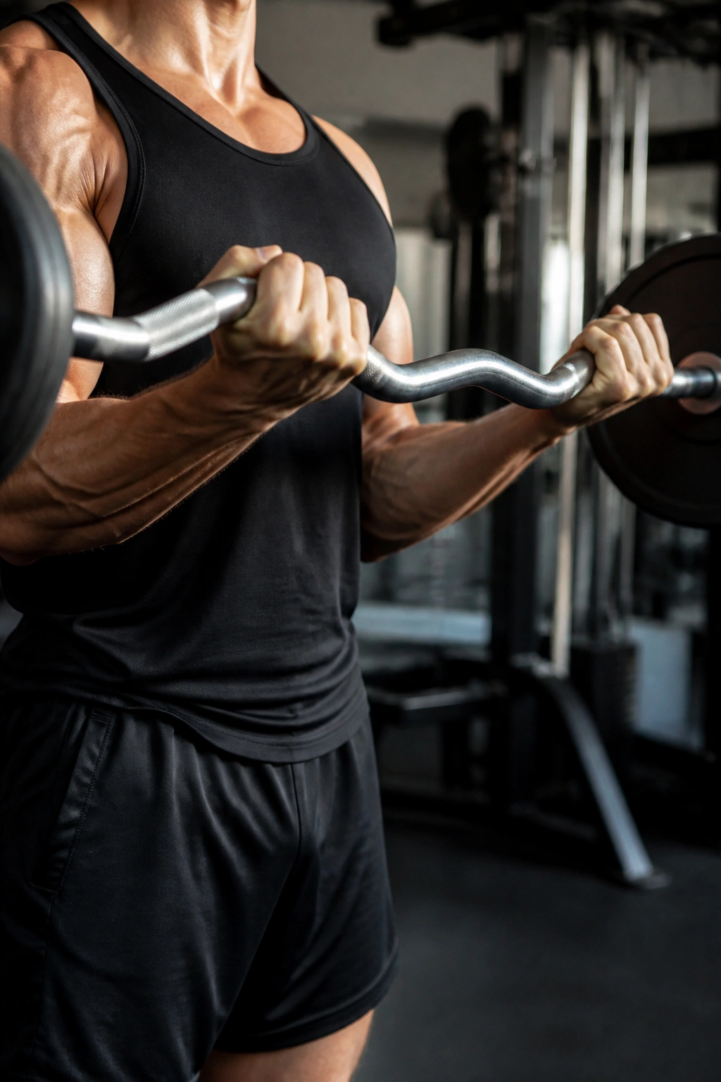 Close-up of EZ-bar curl with wrists comfortable angle in gym