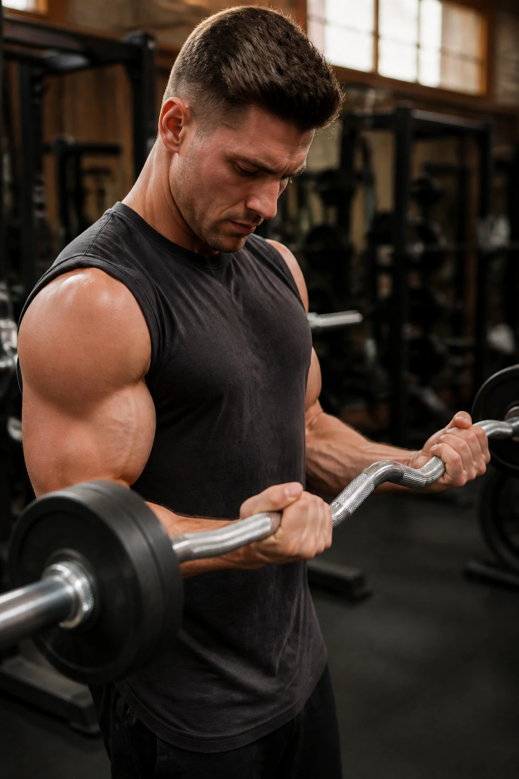 Person performing EZ-bar curls and triceps extensions in gym