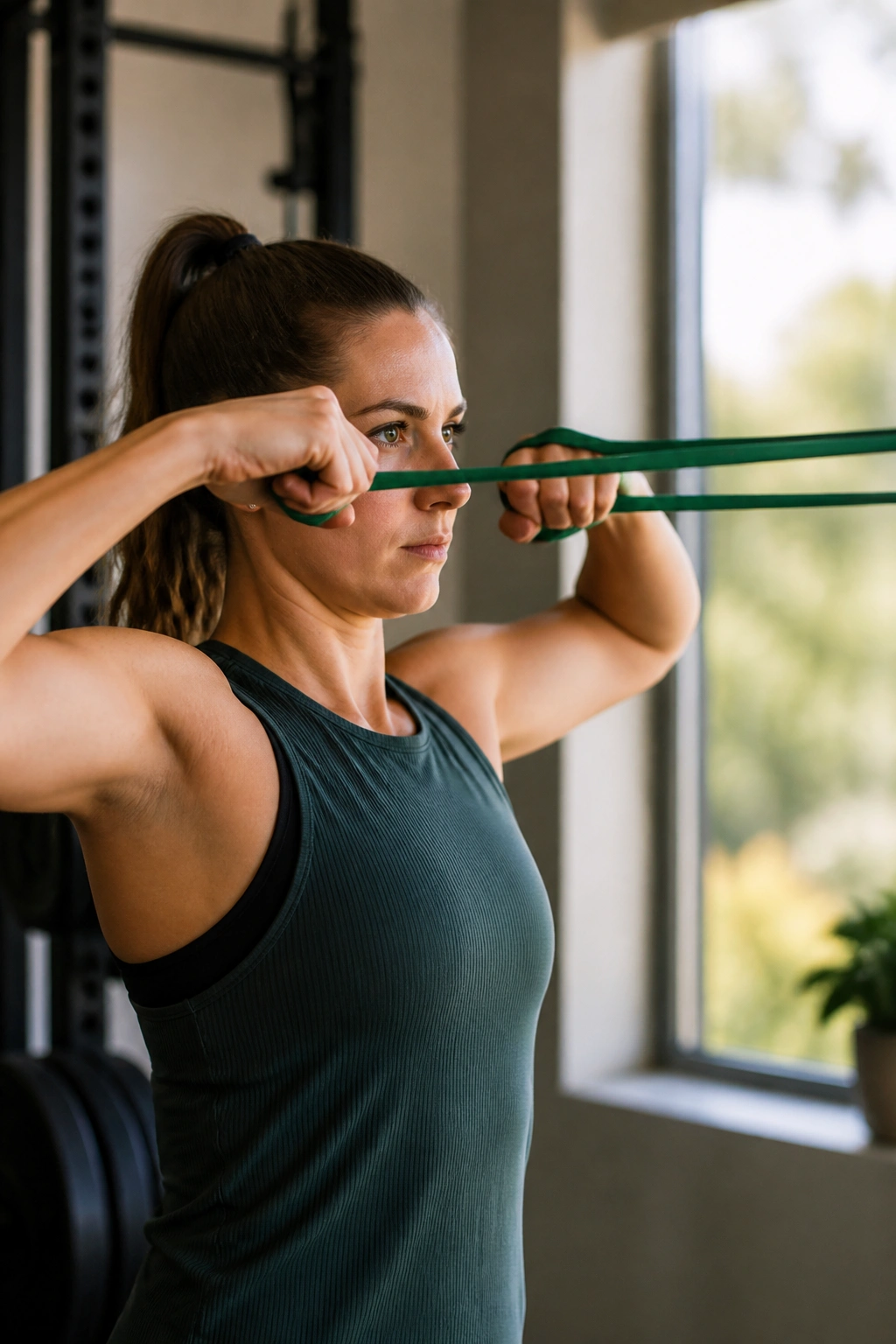 Person performing face pull with external rotation using resistance band at face height