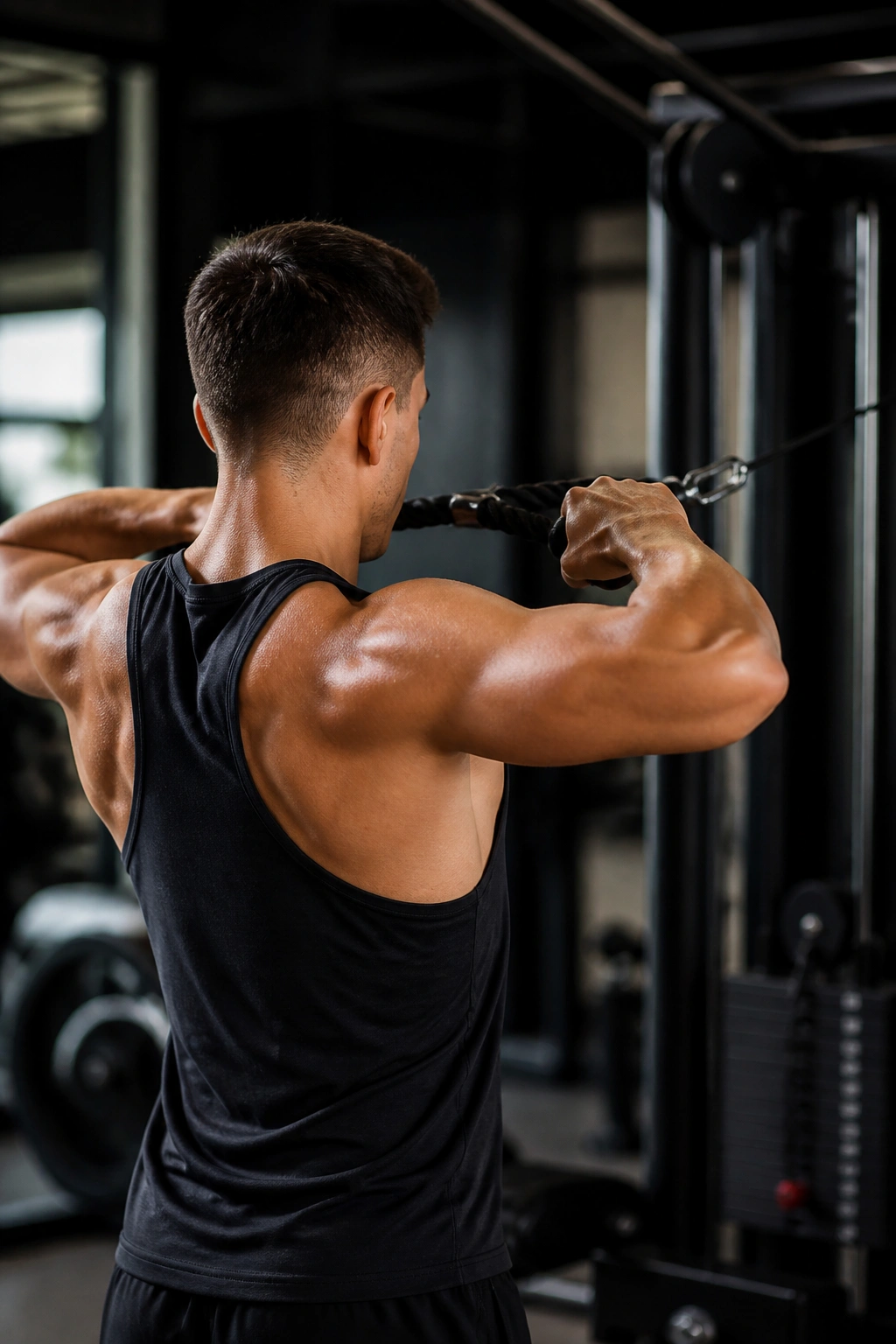 Real person performing a face pull with rope at upper chest level in a gym