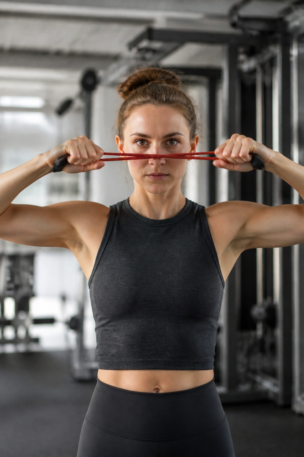 Close-up of a person performing face pulls with external rotation using a resistance band.