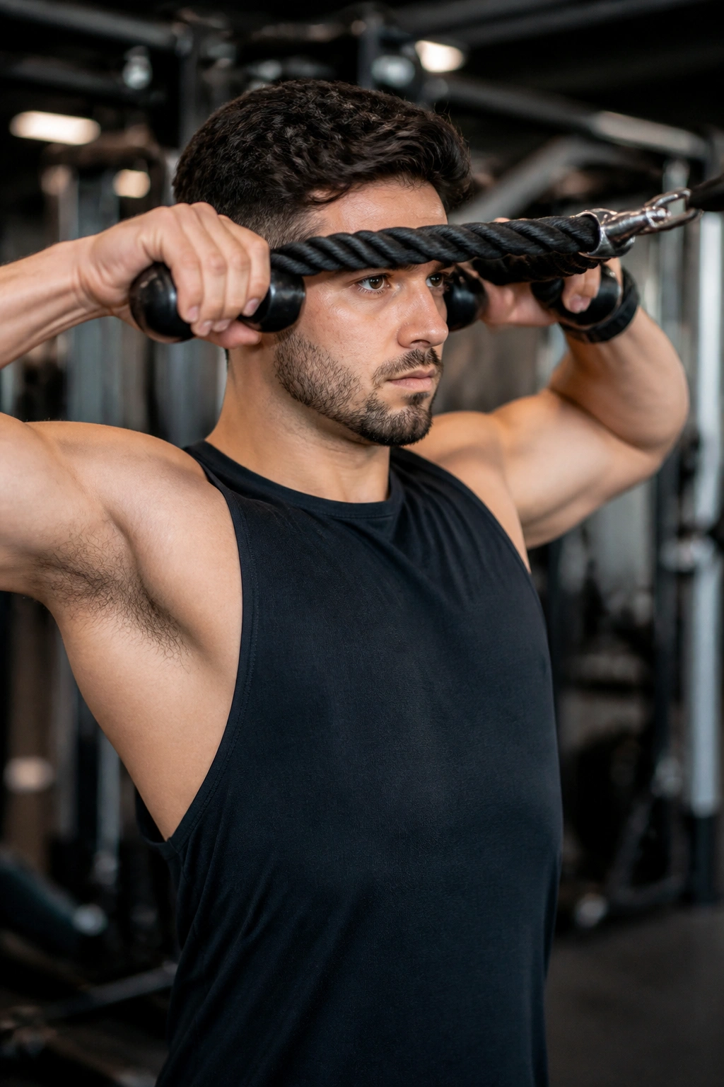 Close-up of a person doing face pulls to strengthen rear shoulders in gym