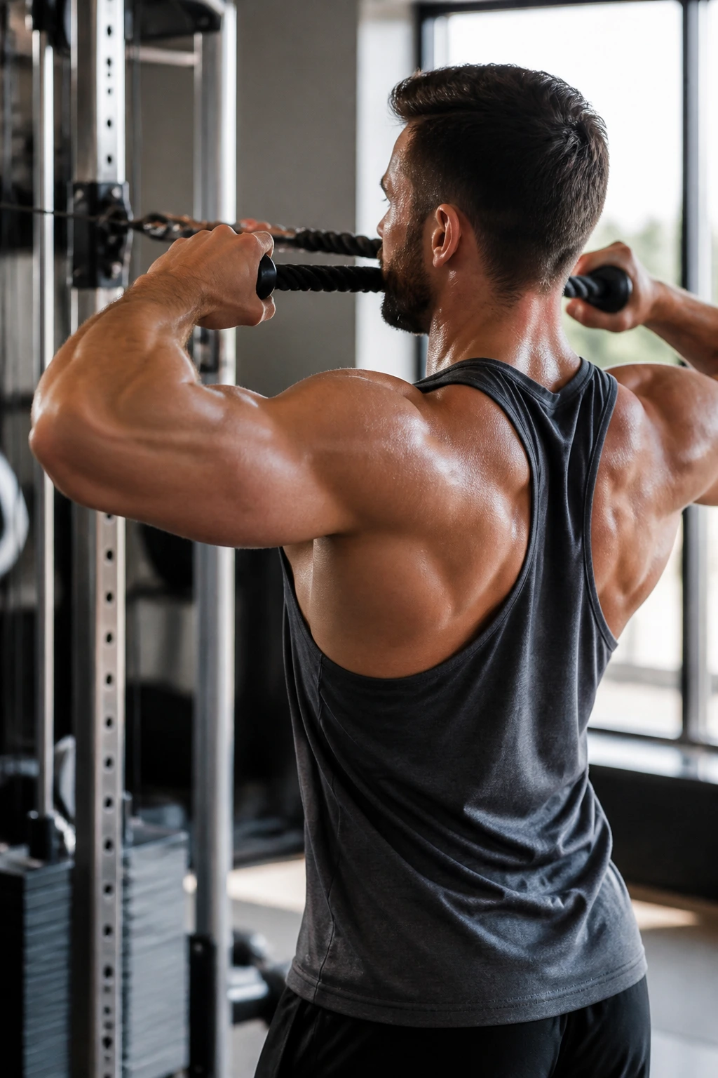 Person doing face pulls on a cable machine in a gym