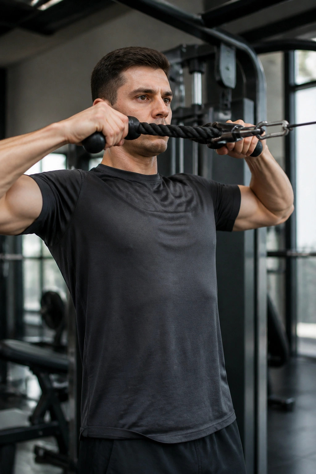 Person performing face pulls to improve shoulder alignment.