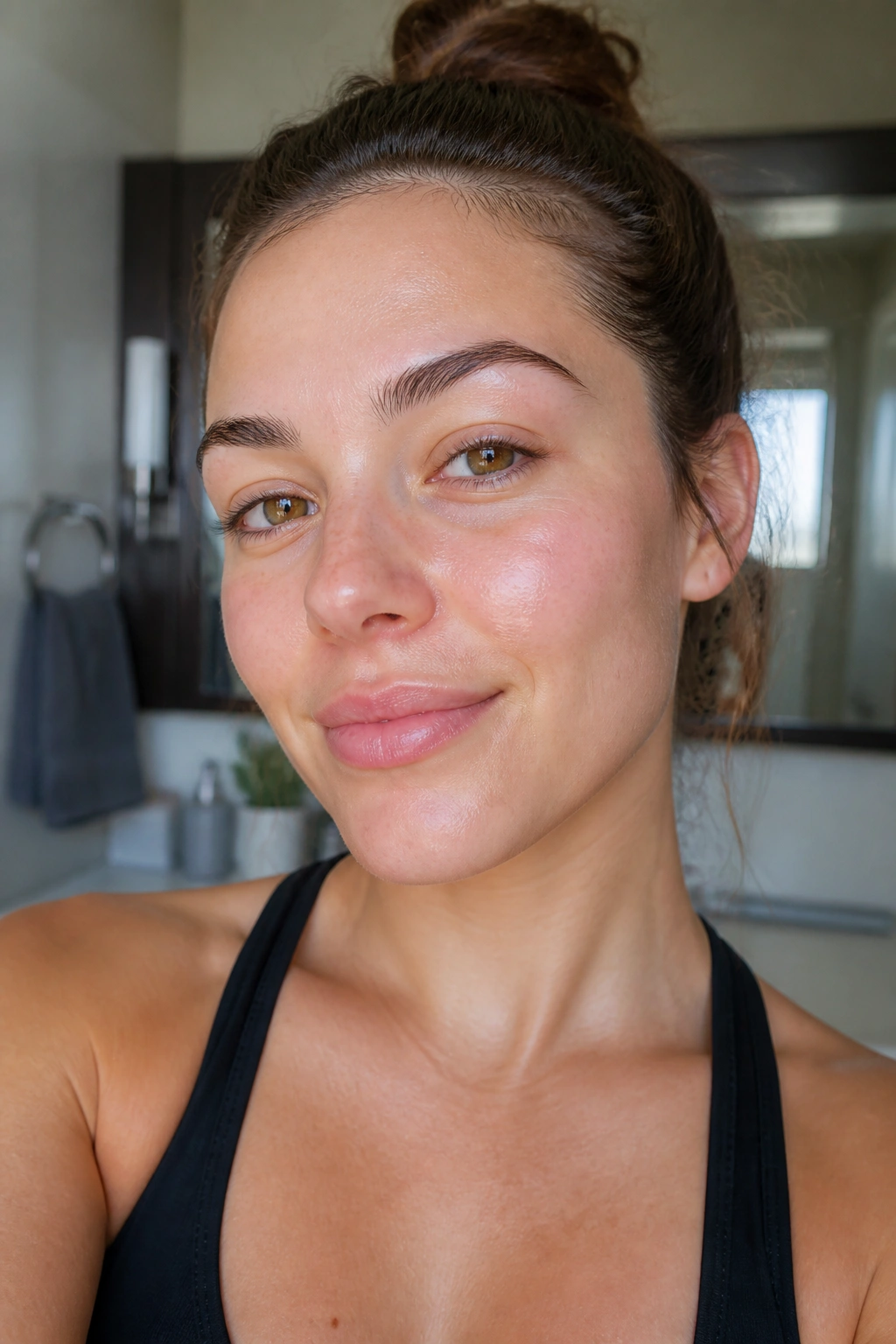Close-up of a clean, lightly moisturized face in a gym bathroom setting