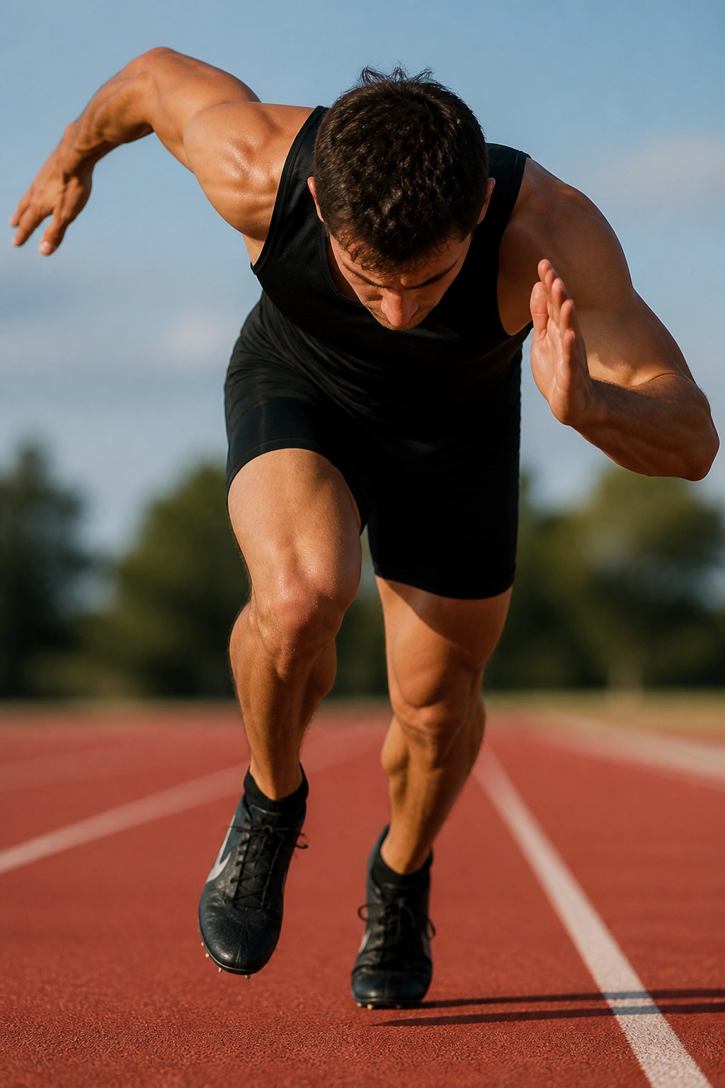 Athlete in forward lean preparing a falling start on track