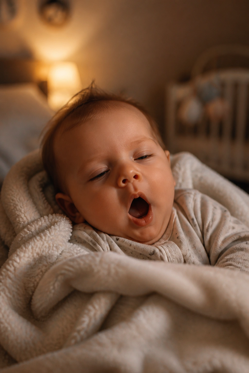 Close-up of sleepy infant in dim bedroom after bedtime