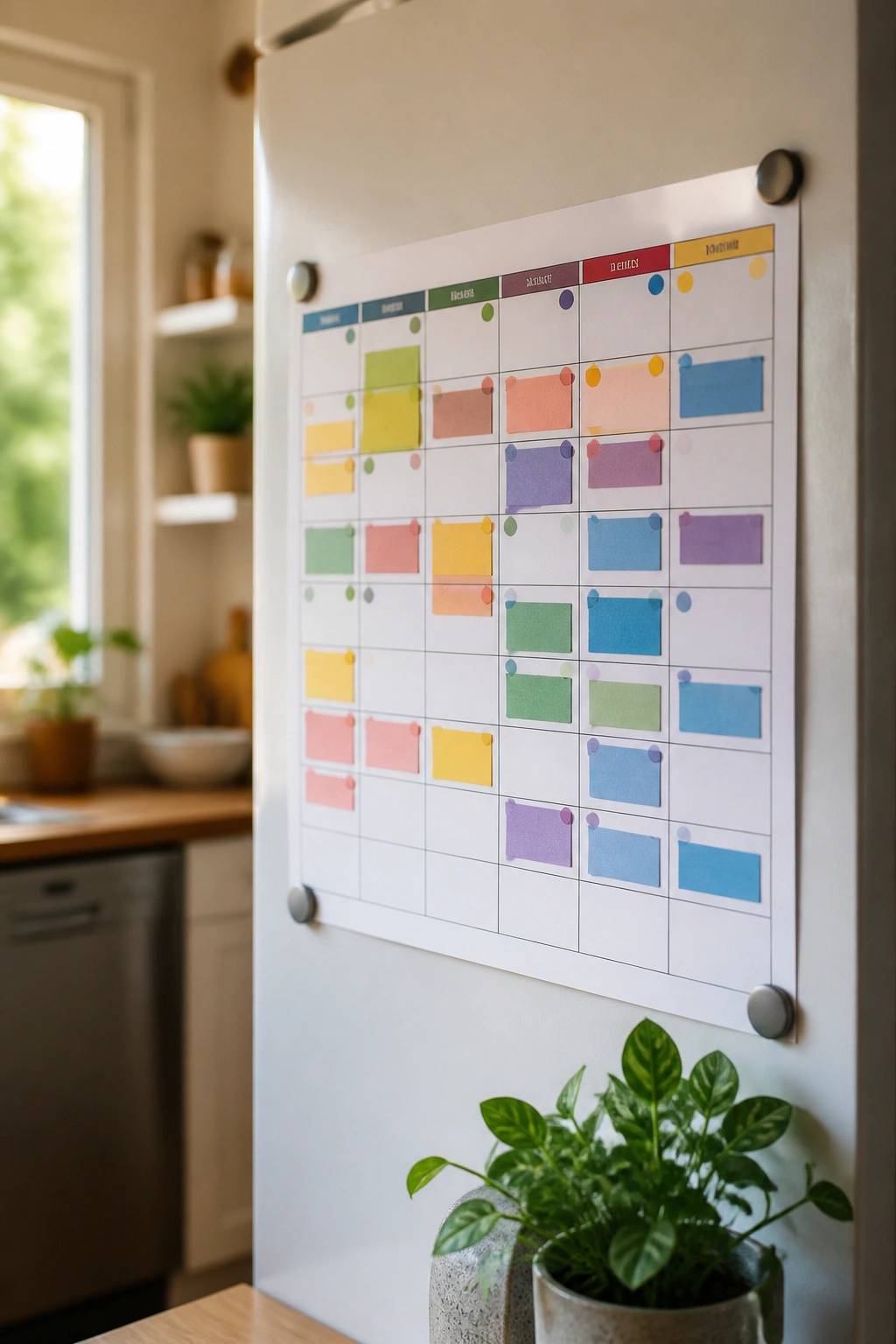 Close-up of a shared family calendar with color blocks on a kitchen wall