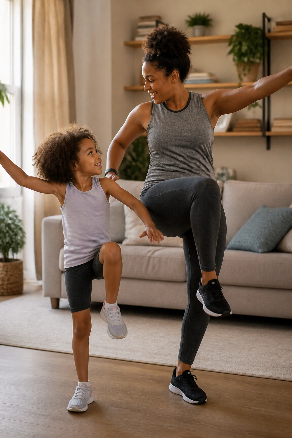Family-friendly movement break in living room with adult and child moving together
