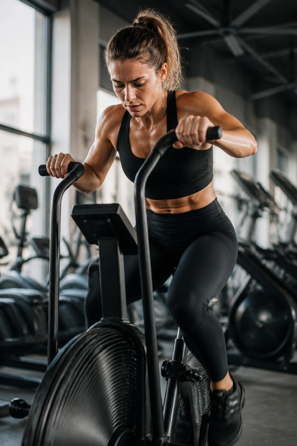 Close-up of a person riding a fan bike during pyramid interval workout in a gym