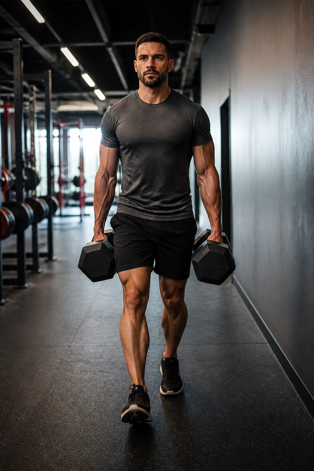 Athlete performing farmer's carries with heavy dumbbells in a gym corridor