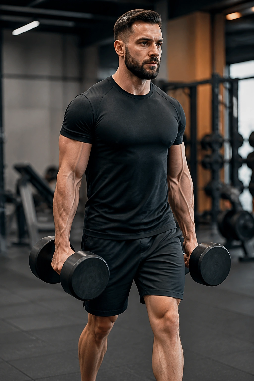 Medium shot of a lifter performing farmer’s carries with heavy dumbbells, forearms thick and gripping strength.