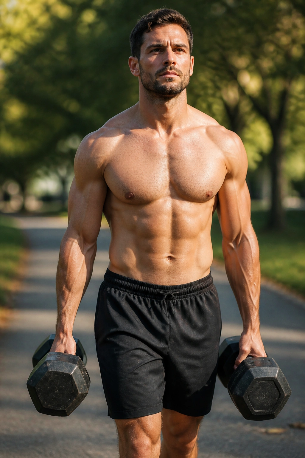 Close-up of a person performing farmer’s carries with heavy dumbbells outdoors