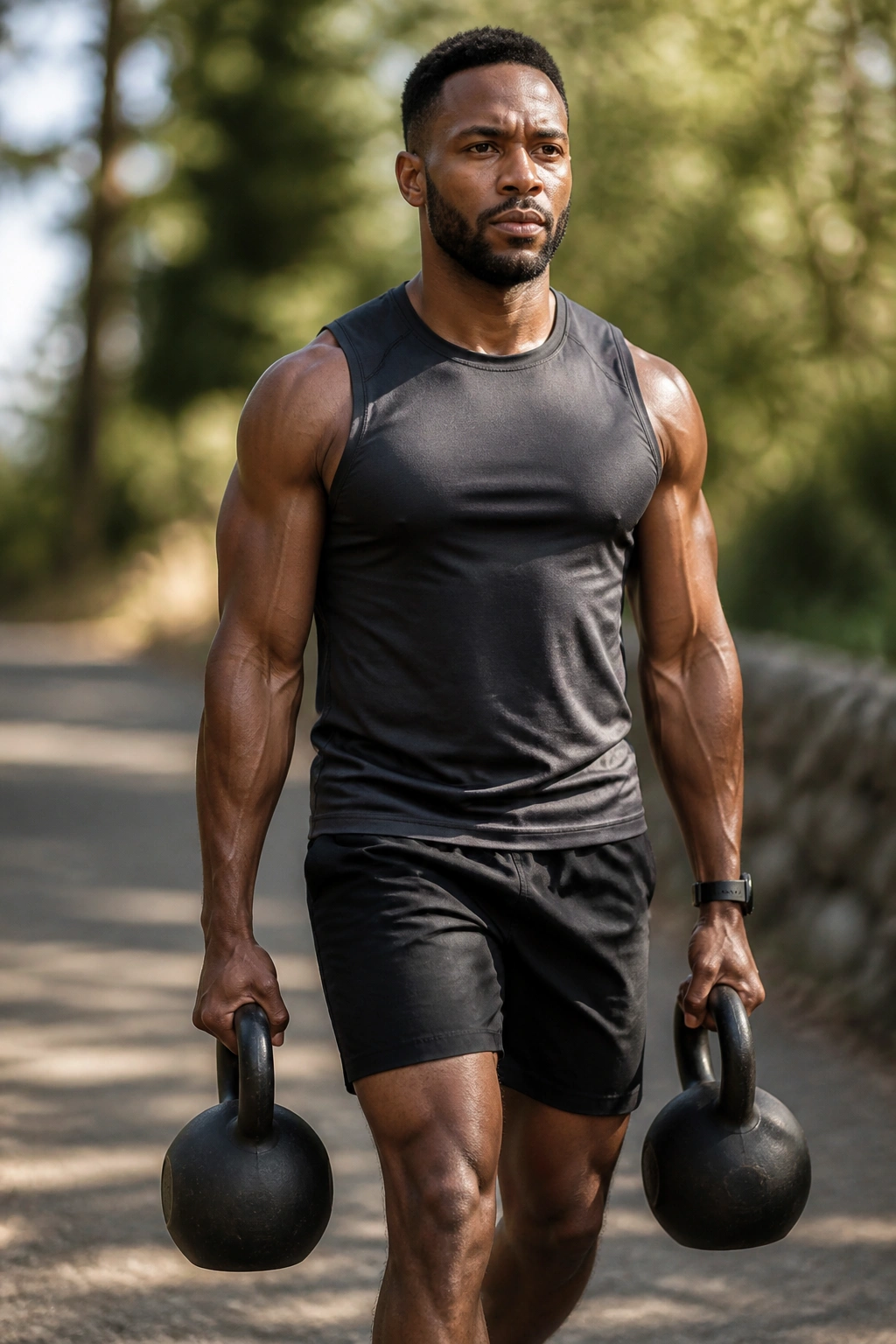 Person with two heavy weights performing farmer carries to reinforce braced posture