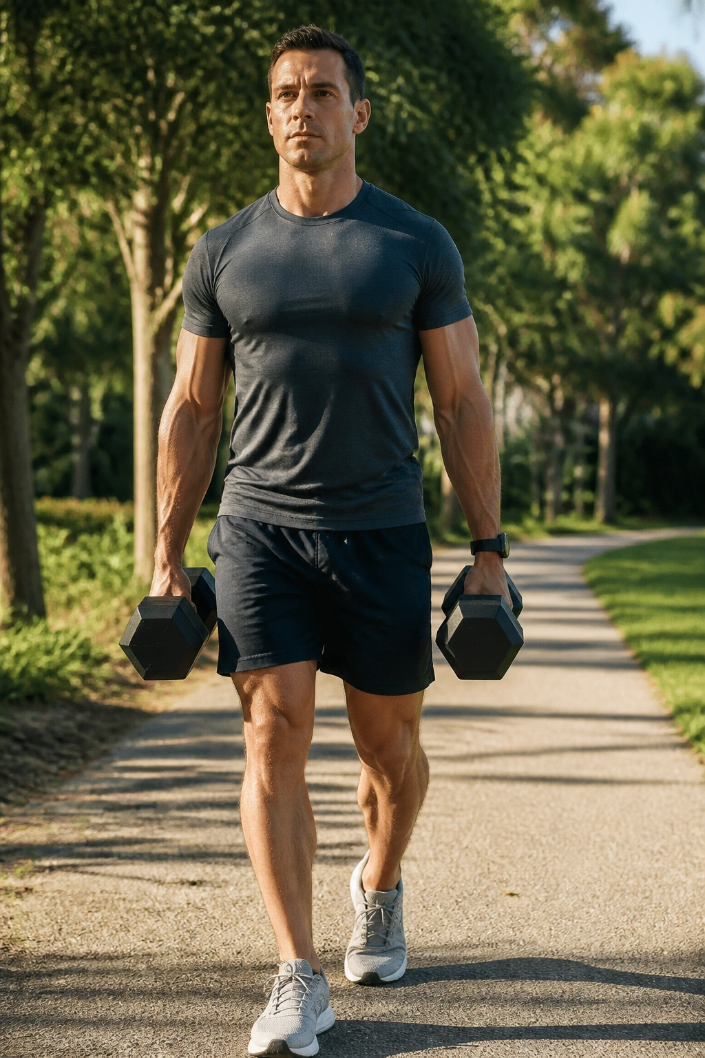 Real person performing a Farmer Carry with dumbbells outdoors to train core, grip, and posture