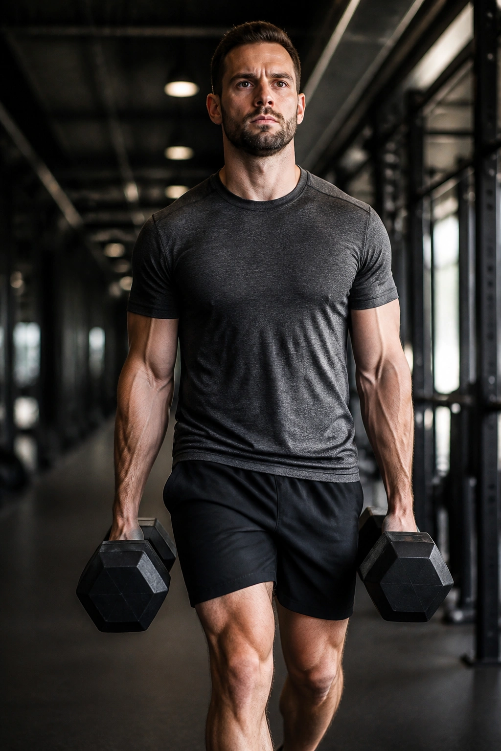 Person performing heavy farmer's carry in a gym corridor, core engaged